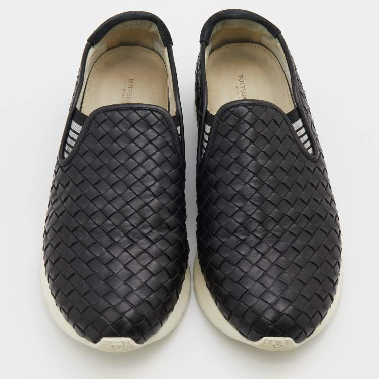Pre Owned Bottega Veneta Black Intrecciato Leather Slip On Sneakers Size 42