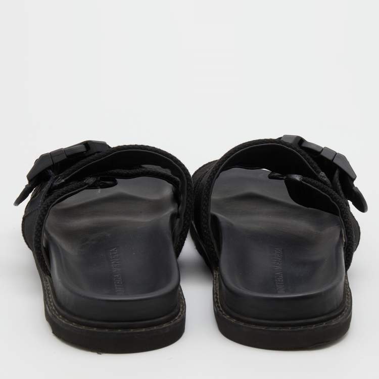 Pre Owned Bottega Veneta Black Fabric Logo Flat Slide Sandals Size 42