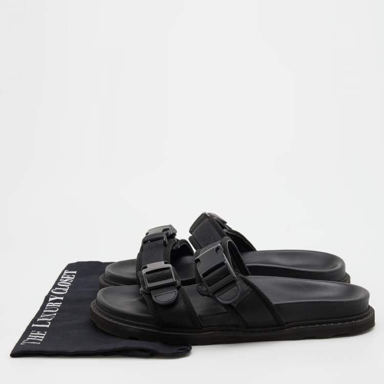 Pre Owned Bottega Veneta Black Fabric Logo Flat Slide Sandals Size 42