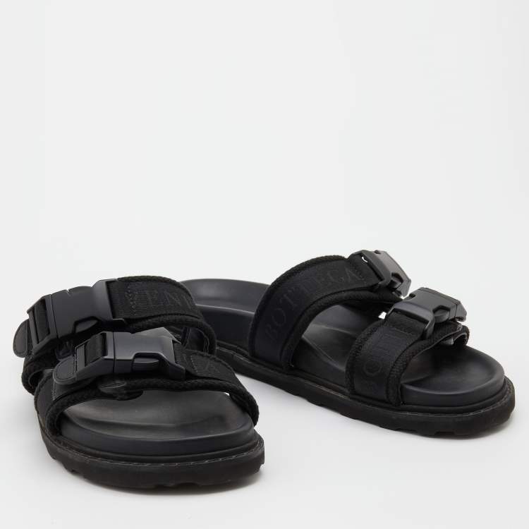 Pre Owned Bottega Veneta Black Fabric Logo Flat Slide Sandals Size 42