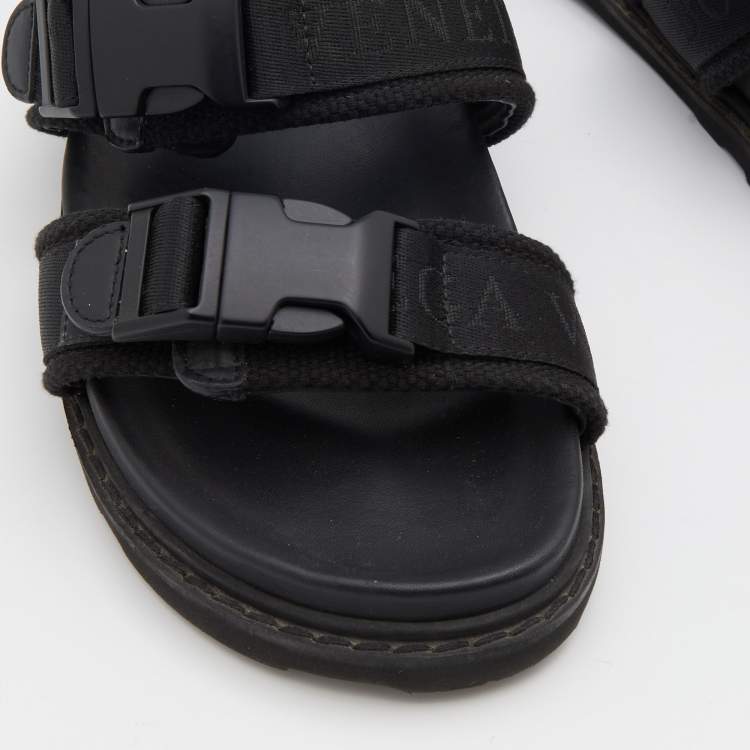 Pre Owned Bottega Veneta Black Fabric Logo Flat Slide Sandals Size 42