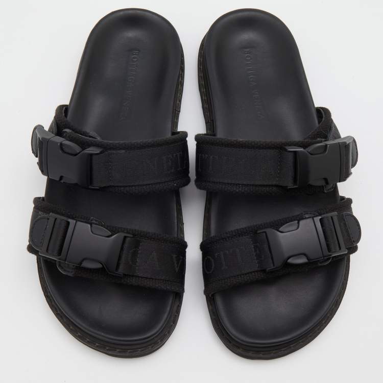 Pre Owned Bottega Veneta Black Fabric Logo Flat Slide Sandals Size 42