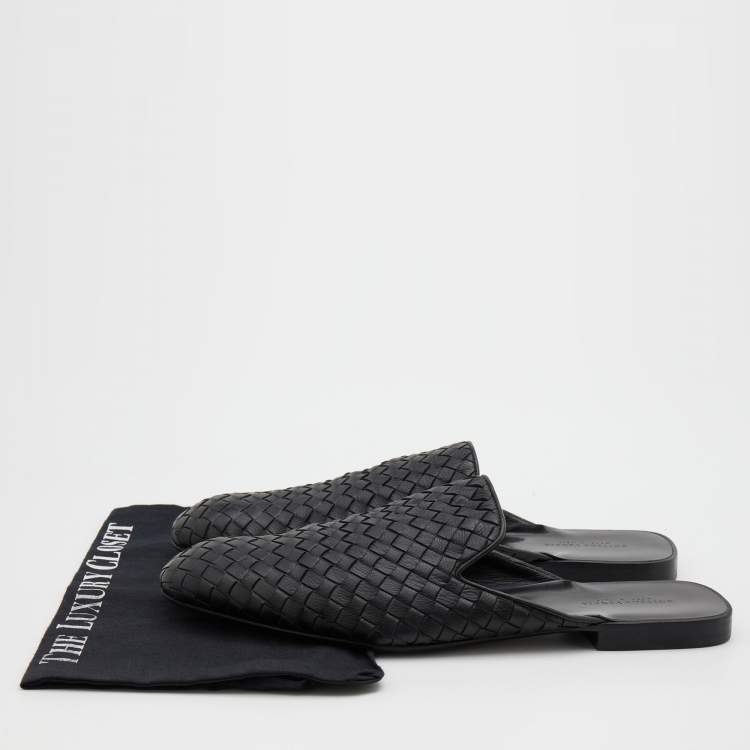 Pre Owned Bottega Veneta Black Intrecciato Leather Fiandra Flat Mules Size 43