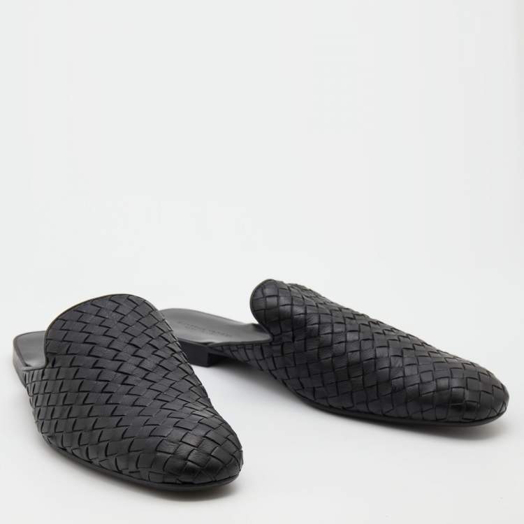 Pre Owned Bottega Veneta Black Intrecciato Leather Fiandra Flat Mules Size 43