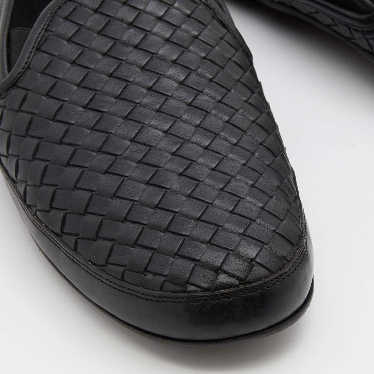 Pre Owned Bottega Veneta Black Intrecciato Leather Slip On Loafers Size 44.5