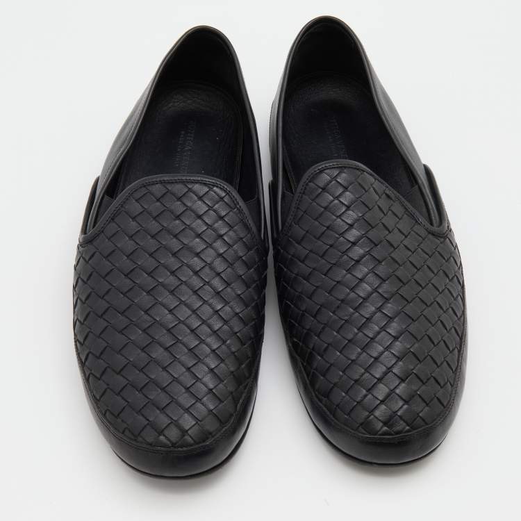 Pre Owned Bottega Veneta Black Intrecciato Leather Slip On Loafers Size 44.5