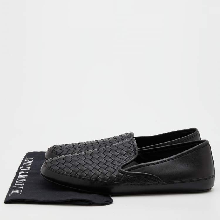 Pre Owned Bottega Veneta Black Intrecciato Leather Slip On Loafers Size 44.5
