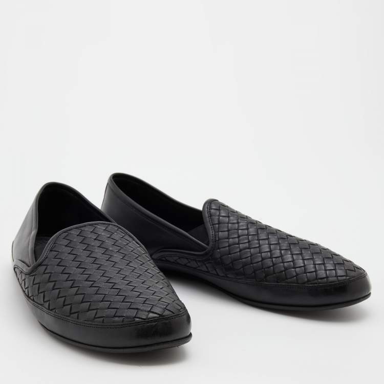 Pre Owned Bottega Veneta Black Intrecciato Leather Slip On Loafers Size 44.5