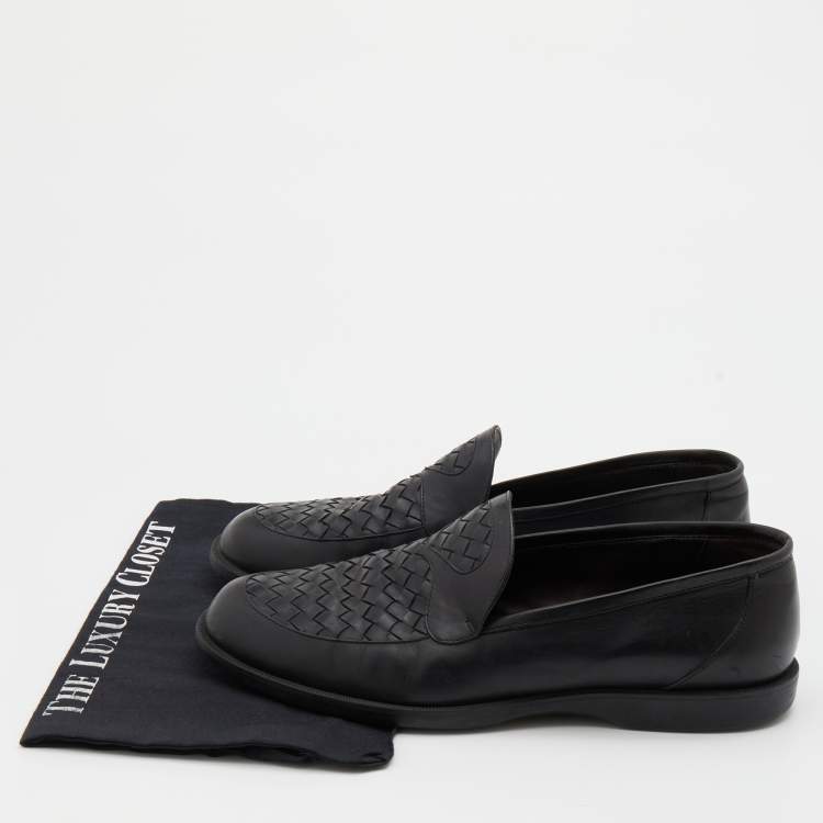 Pre Owned Bottega Veneta Black Intrecciato Leather Slip On Loafers Size 43