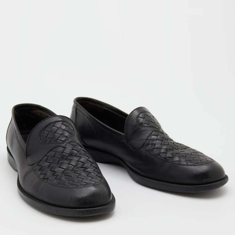 Pre Owned Bottega Veneta Black Intrecciato Leather Slip On Loafers Size 43