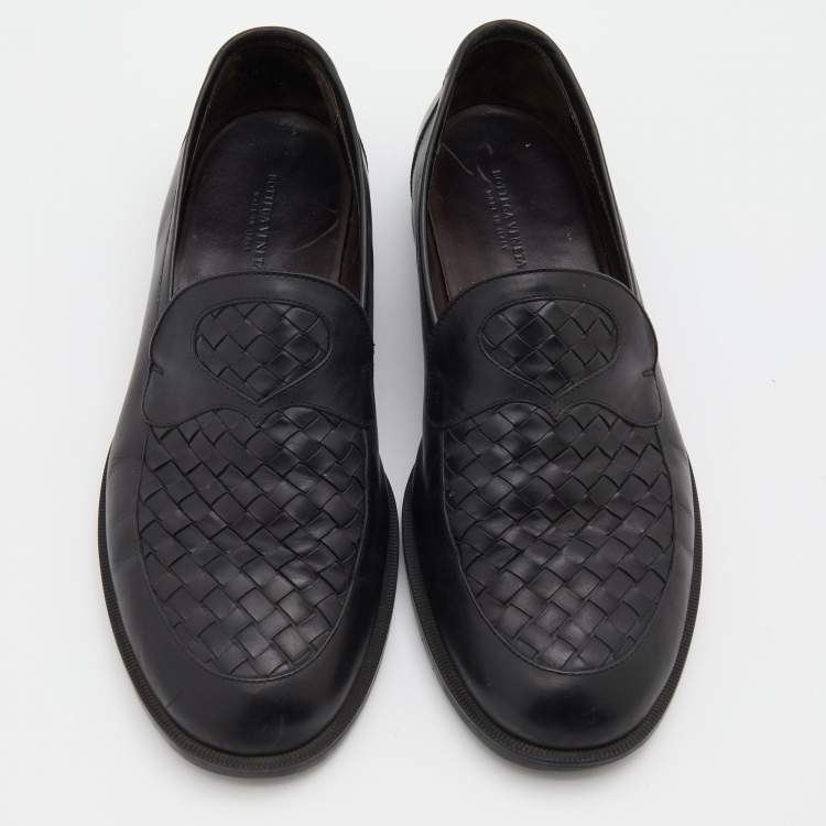 Pre Owned Bottega Veneta Black Intrecciato Leather Slip On Loafers Size 43