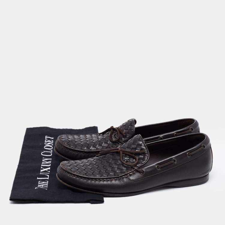 Pre Owned Bottega Veneta Dark Brown Intrecciato Leather Bow Loafers Size 43