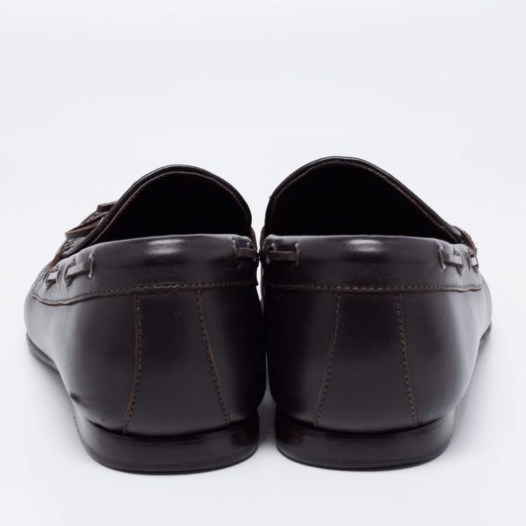 Pre Owned Bottega Veneta Dark Brown Intrecciato Leather Bow Loafers Size 43