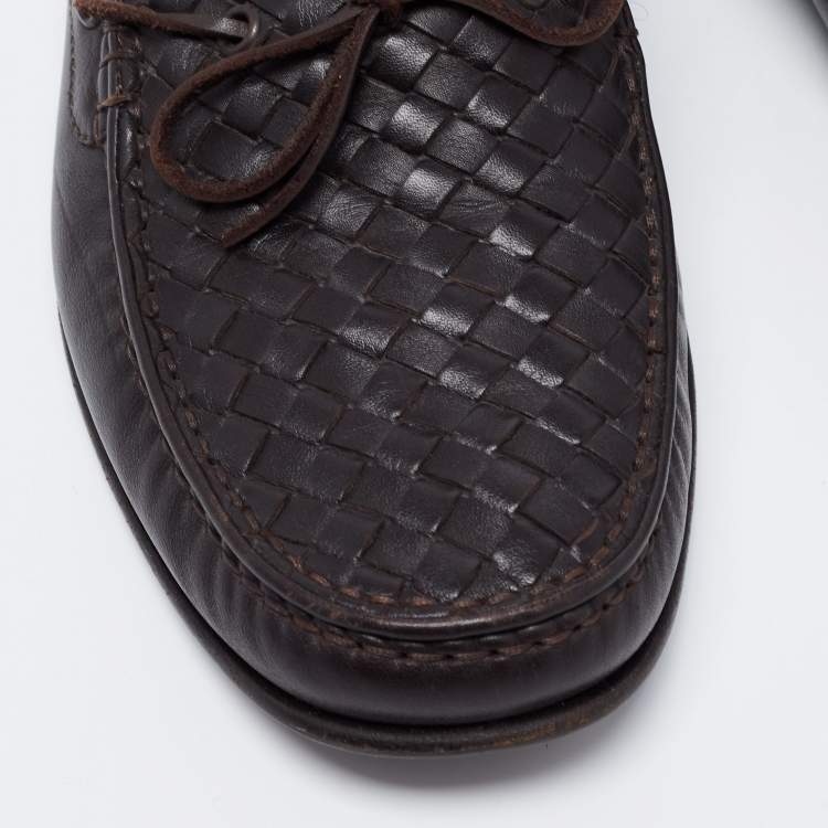 Pre Owned Bottega Veneta Dark Brown Intrecciato Leather Bow Loafers Size 43