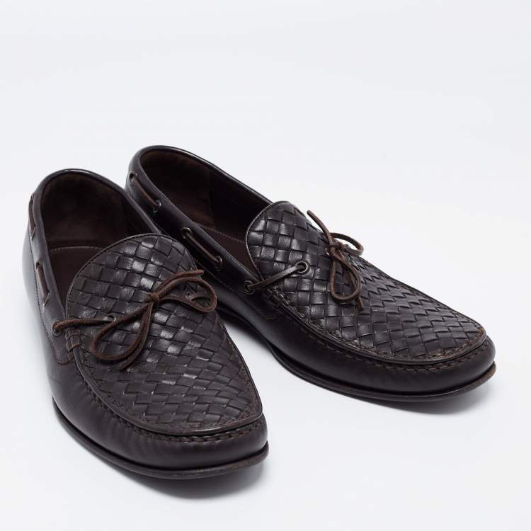 Pre Owned Bottega Veneta Dark Brown Intrecciato Leather Bow Loafers Size 43