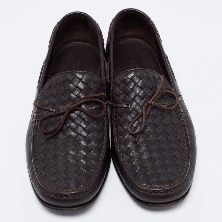 Pre Owned Bottega Veneta Dark Brown Intrecciato Leather Bow Loafers Size 43
