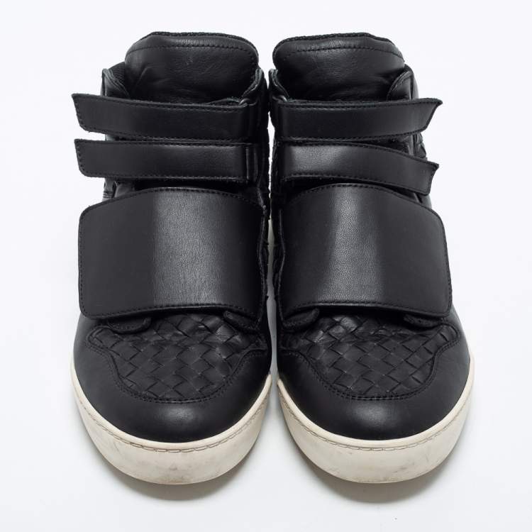 Pre Owned Bottega Veneta Black Intrecciato Leather Velcro Strap High Top Sneakers Size 43.5