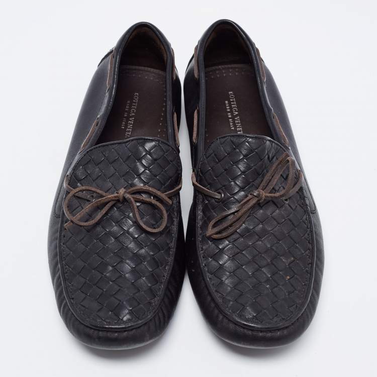 Pre Owned Bottega Veneta Black Intrecciato Leather Bow Loafers Size 42