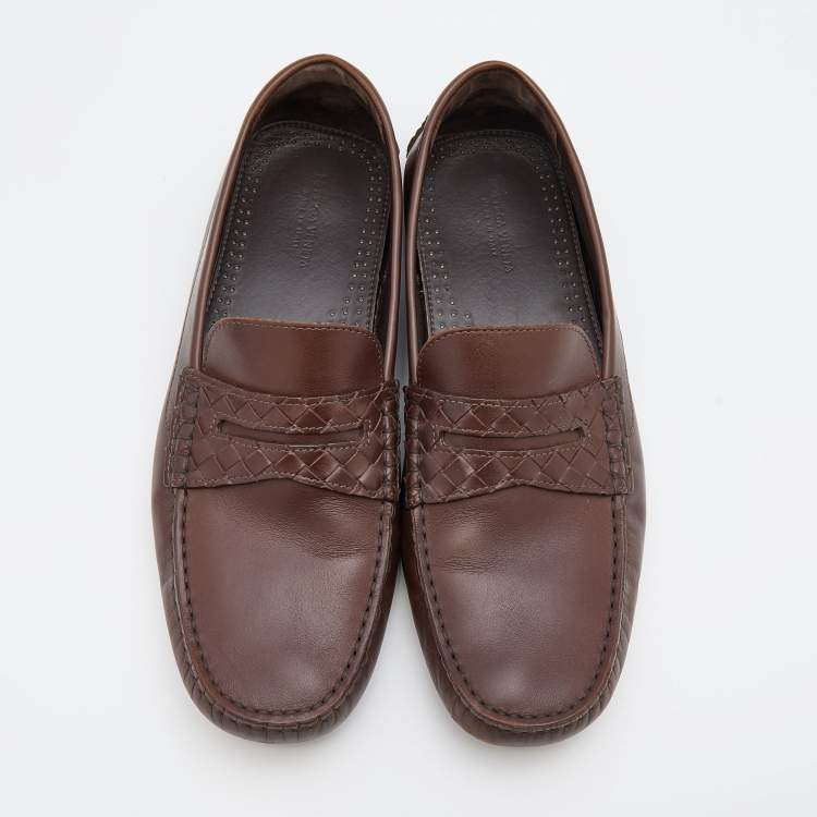 Pre Owned Bottega Veneta Brown Leather Wave Driver Intrecciato Penny Loafers Size 43