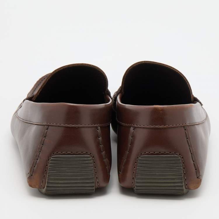 Pre Owned Bottega Veneta Brown Leather Wave Driver Intrecciato Penny Loafers Size 43