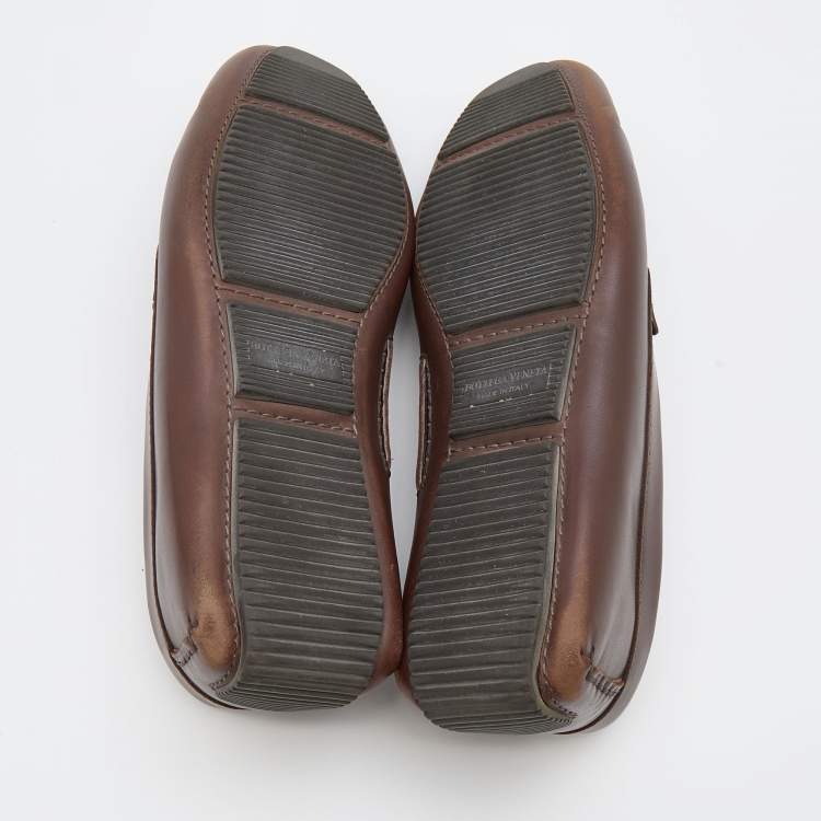 Pre Owned Bottega Veneta Brown Leather Wave Driver Intrecciato Penny Loafers Size 43