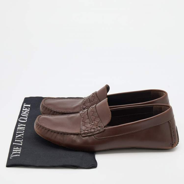 Pre Owned Bottega Veneta Brown Leather Wave Driver Intrecciato Penny Loafers Size 43