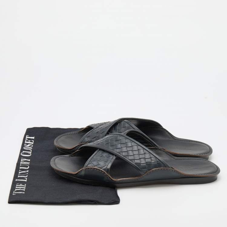 Pre Owned Bottega Veneta Dark Blue Intrecciato Leather Criss Cross Flat Slides Size 43
