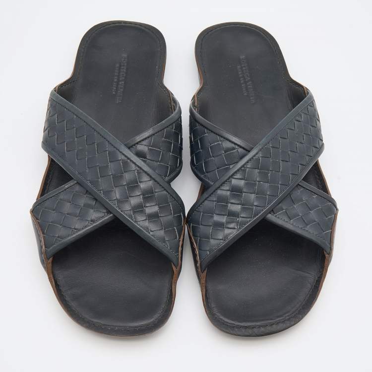 Pre Owned Bottega Veneta Dark Blue Intrecciato Leather Criss Cross Flat Slides Size 43
