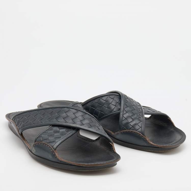 Pre Owned Bottega Veneta Dark Blue Intrecciato Leather Criss Cross Flat Slides Size 43