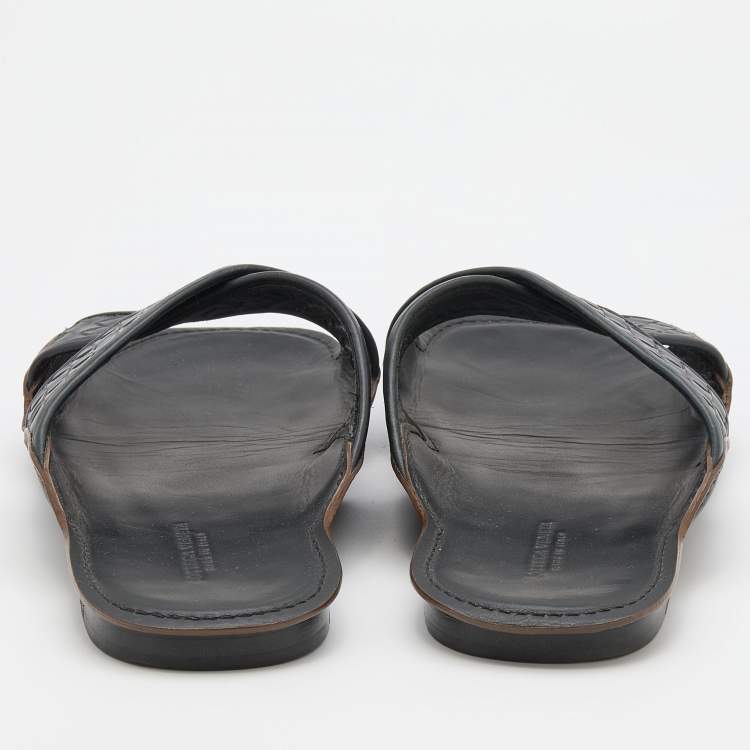 Pre Owned Bottega Veneta Dark Blue Intrecciato Leather Criss Cross Flat Slides Size 43