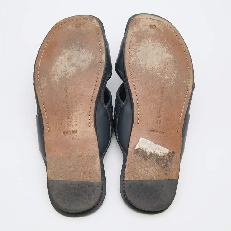 Pre Owned Bottega Veneta Dark Blue Intrecciato Leather Criss Cross Flat Slides Size 43