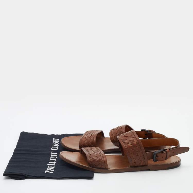 Pre Owned Bottega Veneta Brown Intrecciato Leather Flat Slingback Sandals Size 43