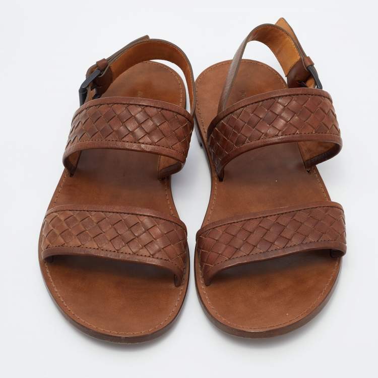 Pre Owned Bottega Veneta Brown Intrecciato Leather Flat Slingback Sandals Size 43