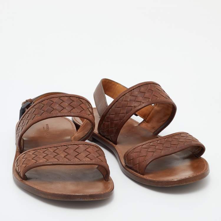 Pre Owned Bottega Veneta Brown Intrecciato Leather Flat Slingback Sandals Size 43