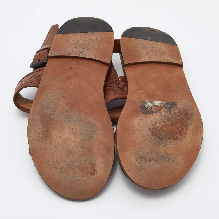 Pre Owned Bottega Veneta Brown Intrecciato Leather Flat Slingback Sandals Size 43