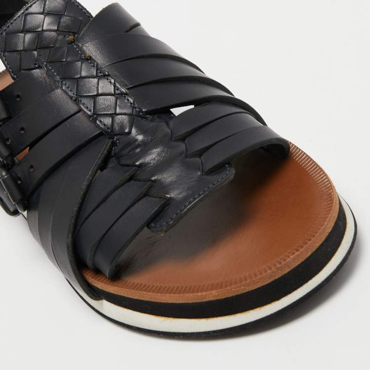 Pre Owned Bottega Veneta Black Intrecciato and Leather Criss Cross Flat Sandals Size 41