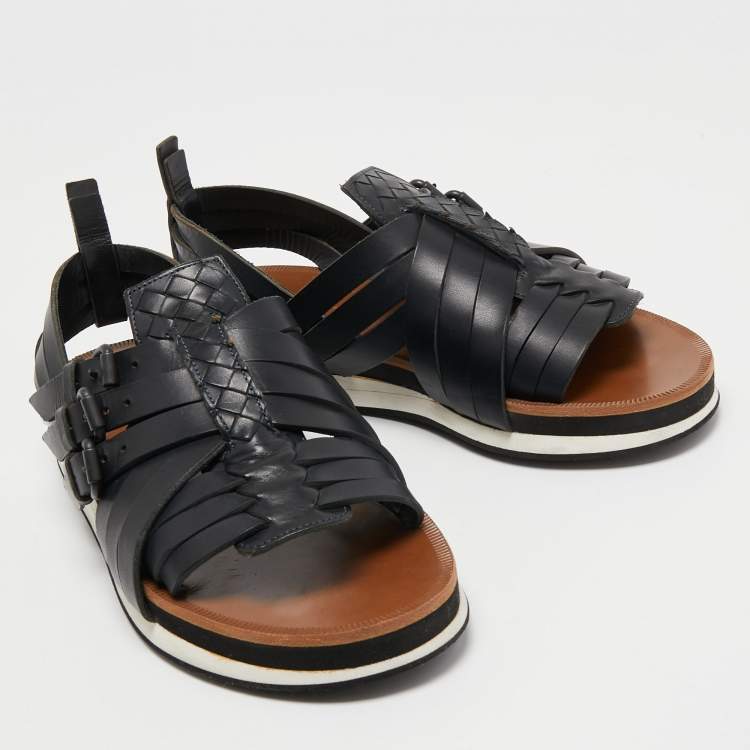 Pre Owned Bottega Veneta Black Intrecciato and Leather Criss Cross Flat Sandals Size 41