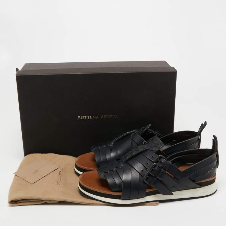 Pre Owned Bottega Veneta Black Intrecciato and Leather Criss Cross Flat Sandals Size 41