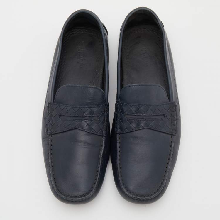Pre Owned Bottega Veneta Navy Blue Leather Wave Driver Slip On Loafers Size 44.5