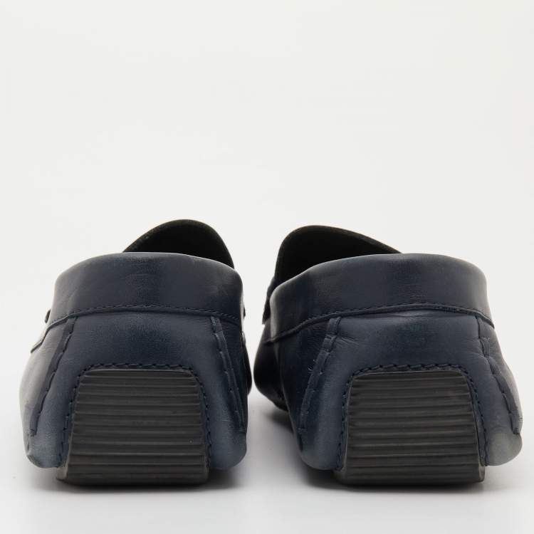Pre Owned Bottega Veneta Navy Blue Leather Wave Driver Slip On Loafers Size 44.5