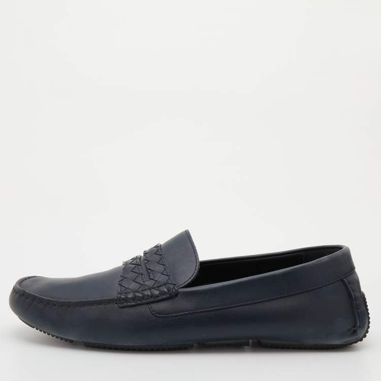 Pre Owned Bottega Veneta Navy Blue Leather Wave Driver Slip On Loafers Size 44.5