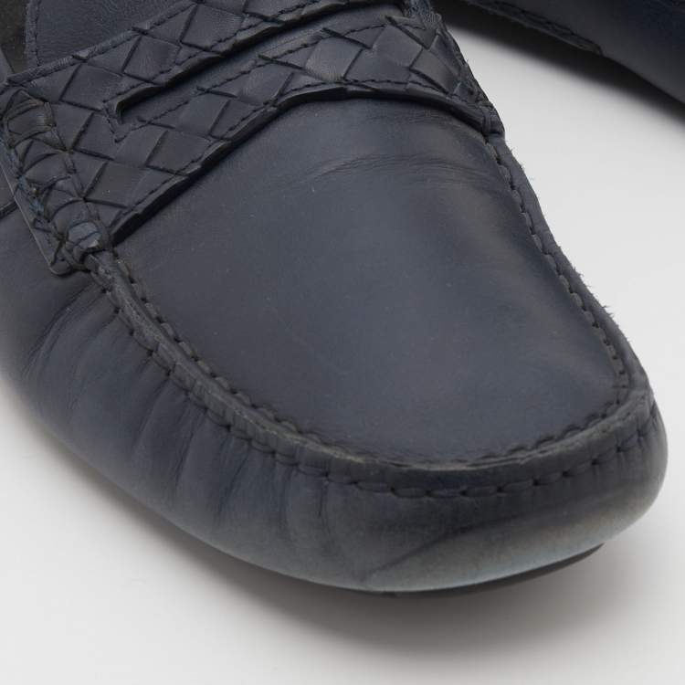 Pre Owned Bottega Veneta Navy Blue Leather Wave Driver Slip On Loafers Size 44.5
