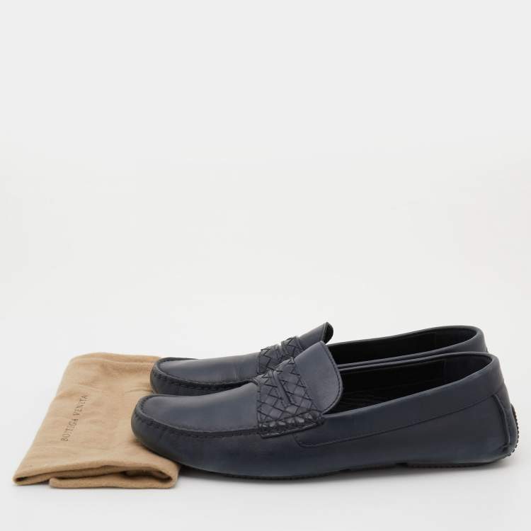 Pre Owned Bottega Veneta Navy Blue Leather Wave Driver Slip On Loafers Size 44.5