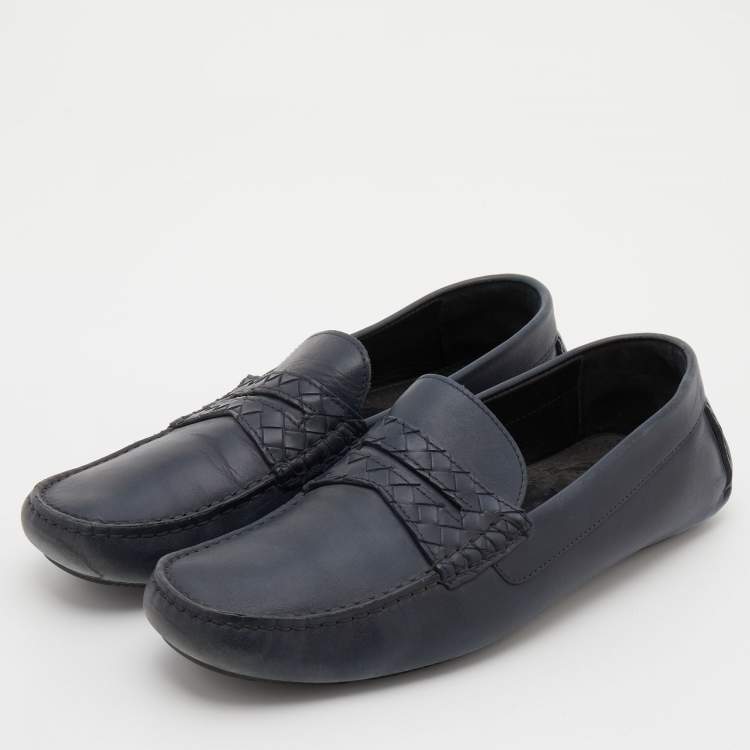 Pre Owned Bottega Veneta Navy Blue Leather Wave Driver Slip On Loafers Size 44.5