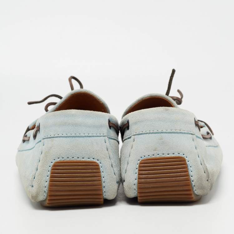 Pre Owned Bottega Veneta Light Blue Intrecciato Suede Bow Loafers Size 45