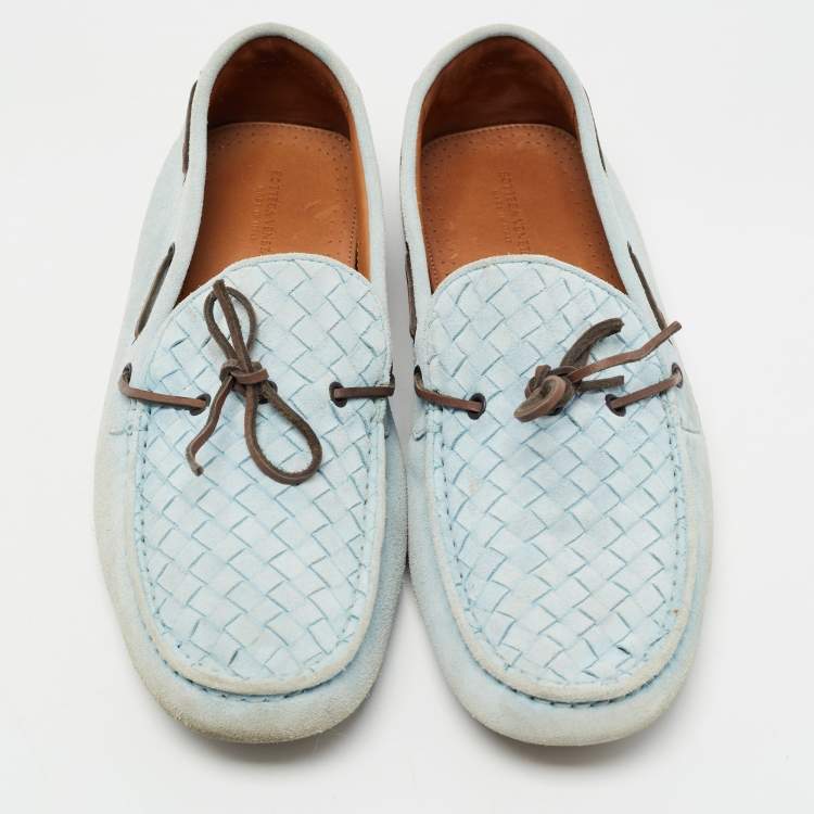 Pre Owned Bottega Veneta Light Blue Intrecciato Suede Bow Loafers Size 45