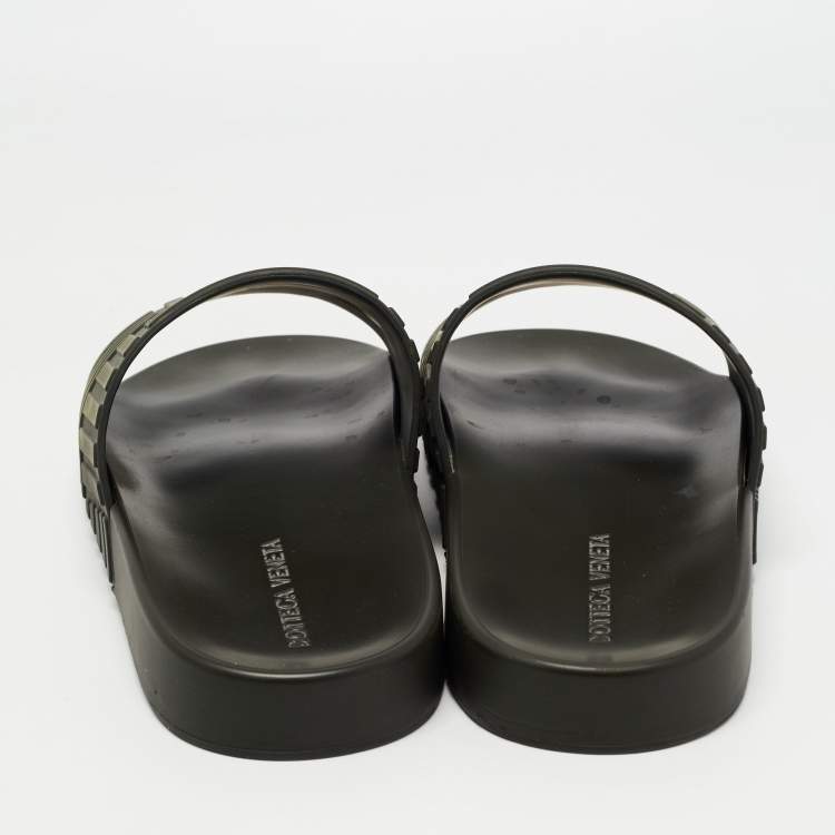 Pre Owned Bottega Veneta Black Embossed Rubber Slides Size 43