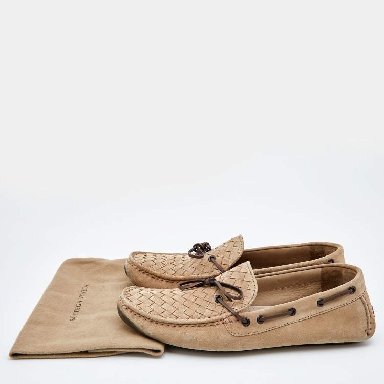Pre Owned Bottega Veneta Beige Intrecciato Suede Bow Slip On Loafers Size 42.5