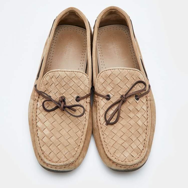 Pre Owned Bottega Veneta Beige Intrecciato Suede Bow Slip On Loafers Size 42.5