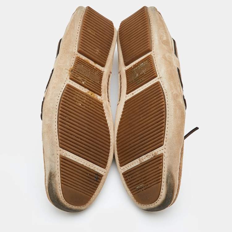 Pre Owned Bottega Veneta Beige Intrecciato Suede Bow Slip On Loafers Size 42.5